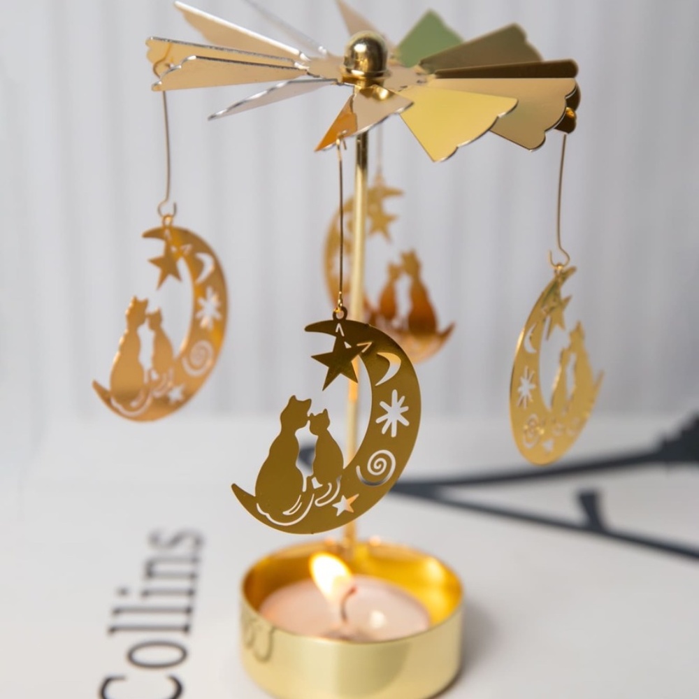 Boho Gold Tone Moon & Cat Candle Holder